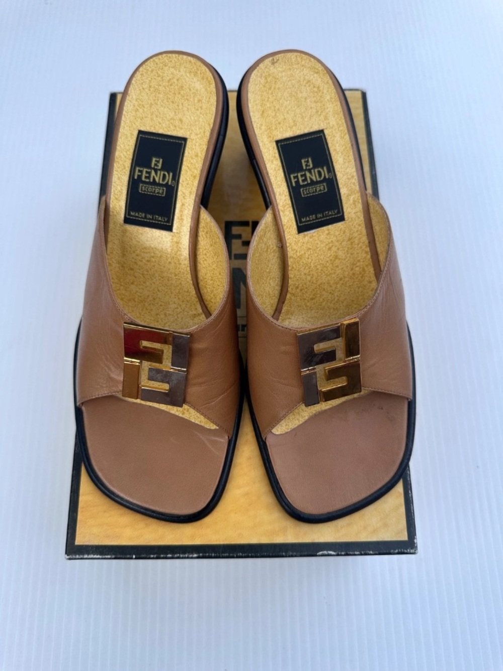 FENDI Sz 36 Brown Slip on Block Heel Sandals Gold & Silver Logo
